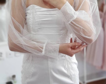 Detachable Sleeves for Wedding Dress Puffy Sparkle Bridal Tulle Biceps Wedding gown Sleeves Glittery Bridal Long Sleeve Attachment