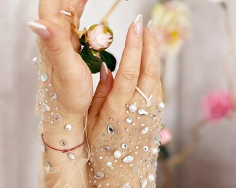 Gemstone sheer gloves, Fingerless bridal gloves, Shimmering gloves,  Wedding gloves, Sparkle gemstone tulle gloves