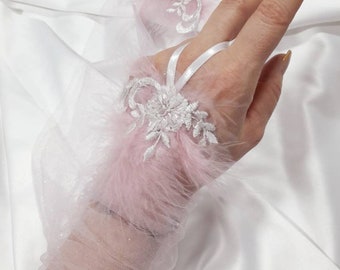 Shimmering tulle long bridal gloves, Pink mesh gloves, Fingerless bridal gloves, Sparkle, lace and feathers glittering wedding gloves