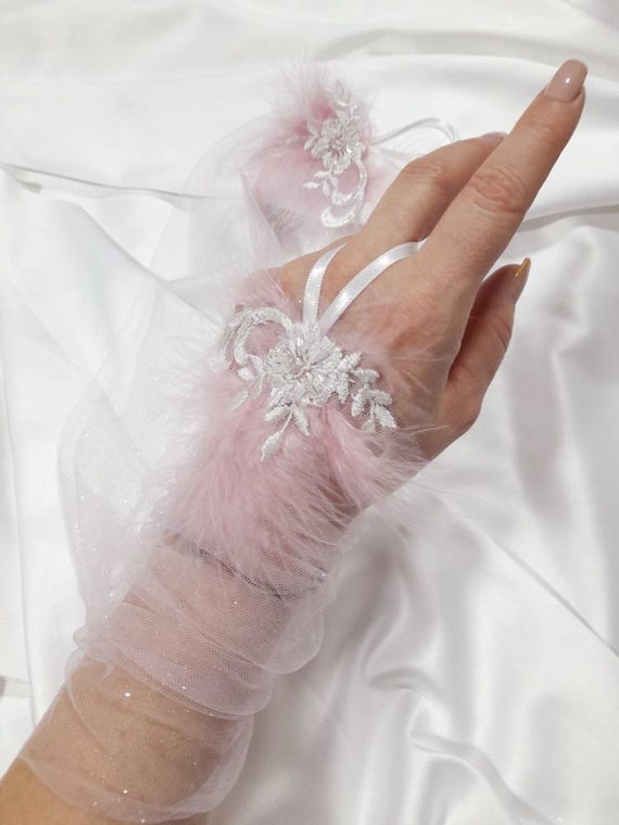 Shimmering Tulle Long Bridal Gloves Pink Mesh Gloves Fingerless