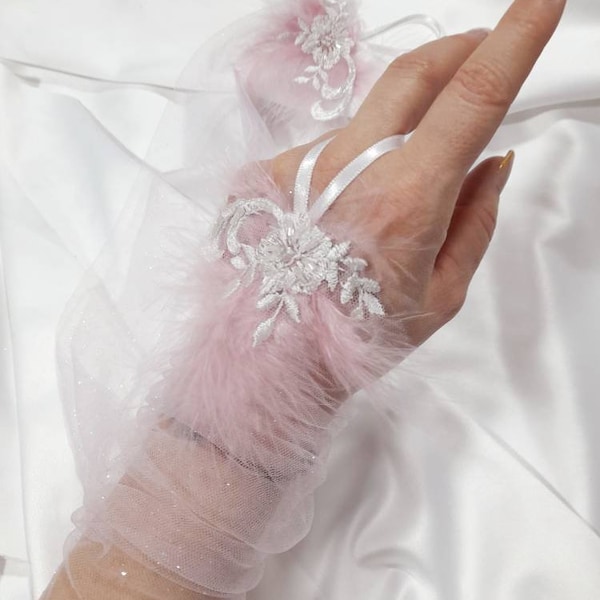 Gants de mariée longs en tulle scintillants, gants en maille rose, gants de mariée sans doigts, gants de mariage scintillants Sparkle, dentelle et plumes