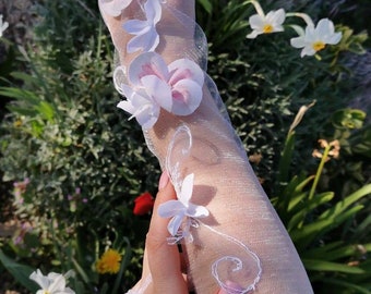 Shimmering tulle long bridal gloves Japanese cherry flower 3D, White mesh gloves, Fingerless sparkle gloves, glittering wedding gloves