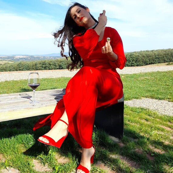 Maxi Silk Satin Dress with Long Puff Sleeves, Red Dress Flowy Open Leg Size Xs S M L Bridesmaid Dresses