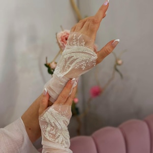 Tulle bridal gloves sparkle lace branches fingerless white gloves wedding accessory handmade