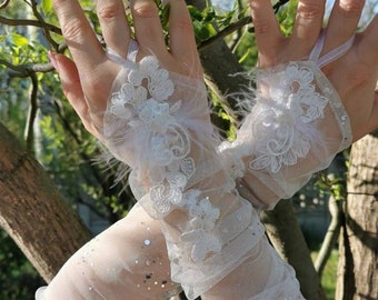 Shimmering tulle long bridal gloves, White mesh gloves, Fingerless bridal gloves, Sparkle lace gloves, glittering wedding gloves