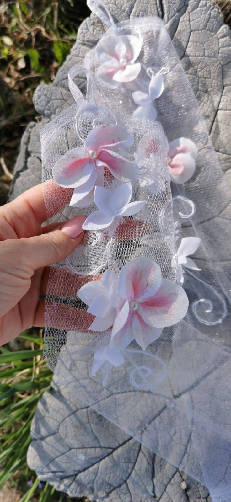Shimmering Tulle Long Bridal Gloves Japanese Cherry Flower