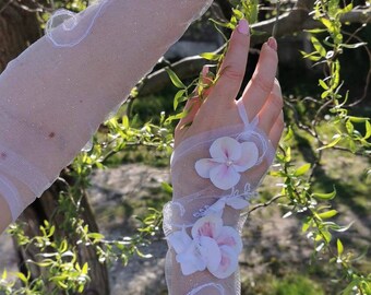 Shimmering Tulle Long Bridal Gloves Japanese Cherry Flower