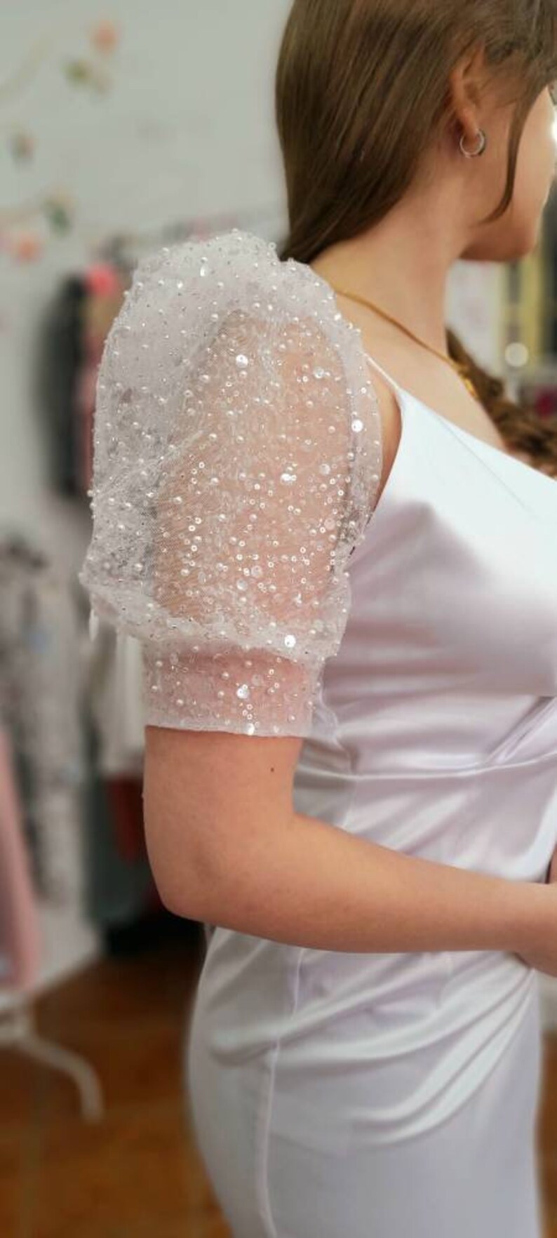 Puffy Removable Pearl Bridal Sparkly Gown Sleeves Short Bubble Sleeve