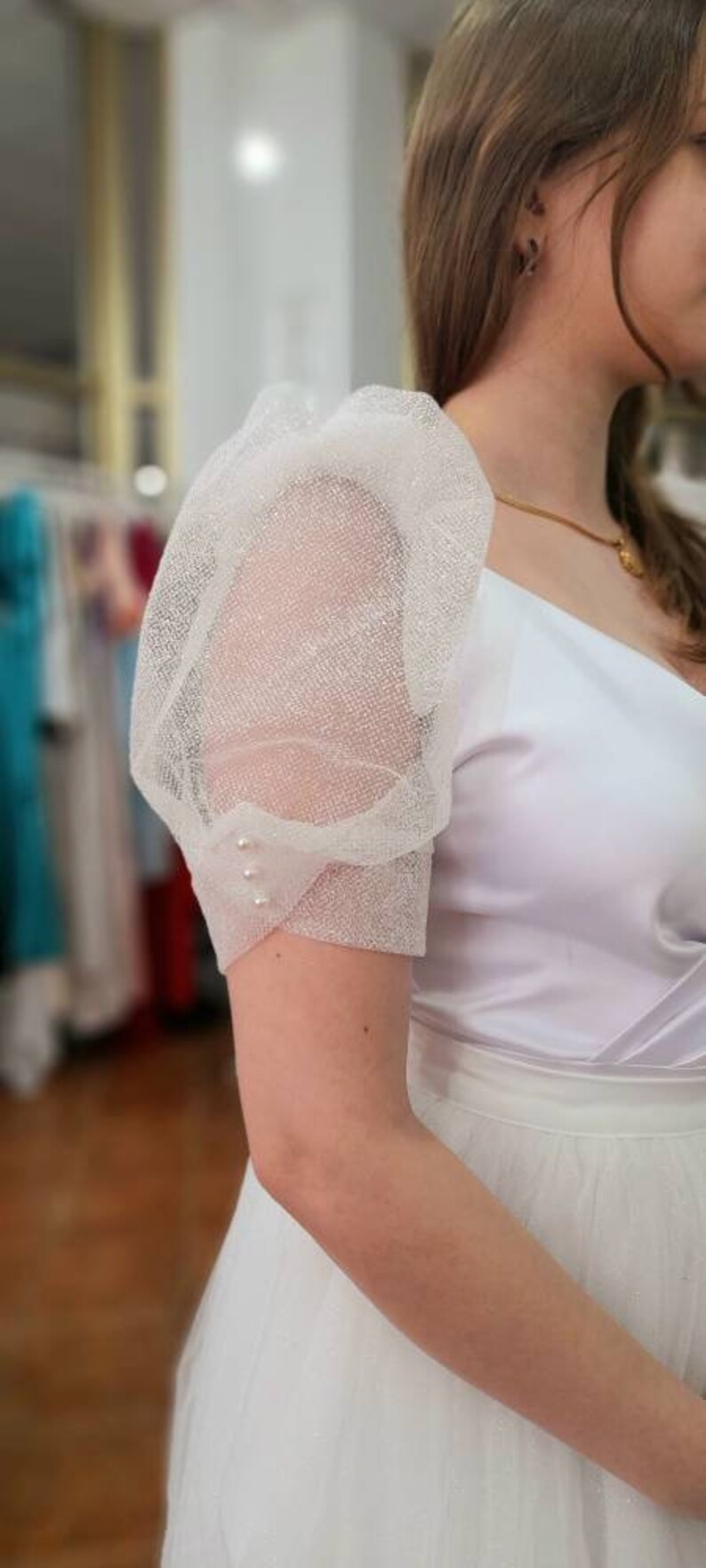 Bridal Stary Glitter Puffy Add on Wedding Dress Sleeves Ivory Short