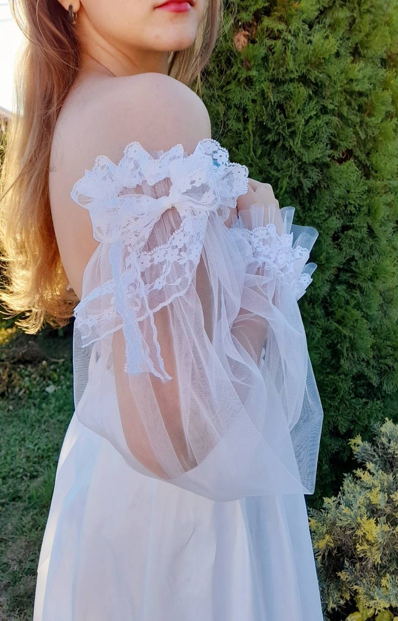 Detachable Ruffle Bridal Tulle Puff Sleeves Lace tulle sleeves Wedding Dress Separate Sleeves Bridal Shoulder addition to wedding dress image 3