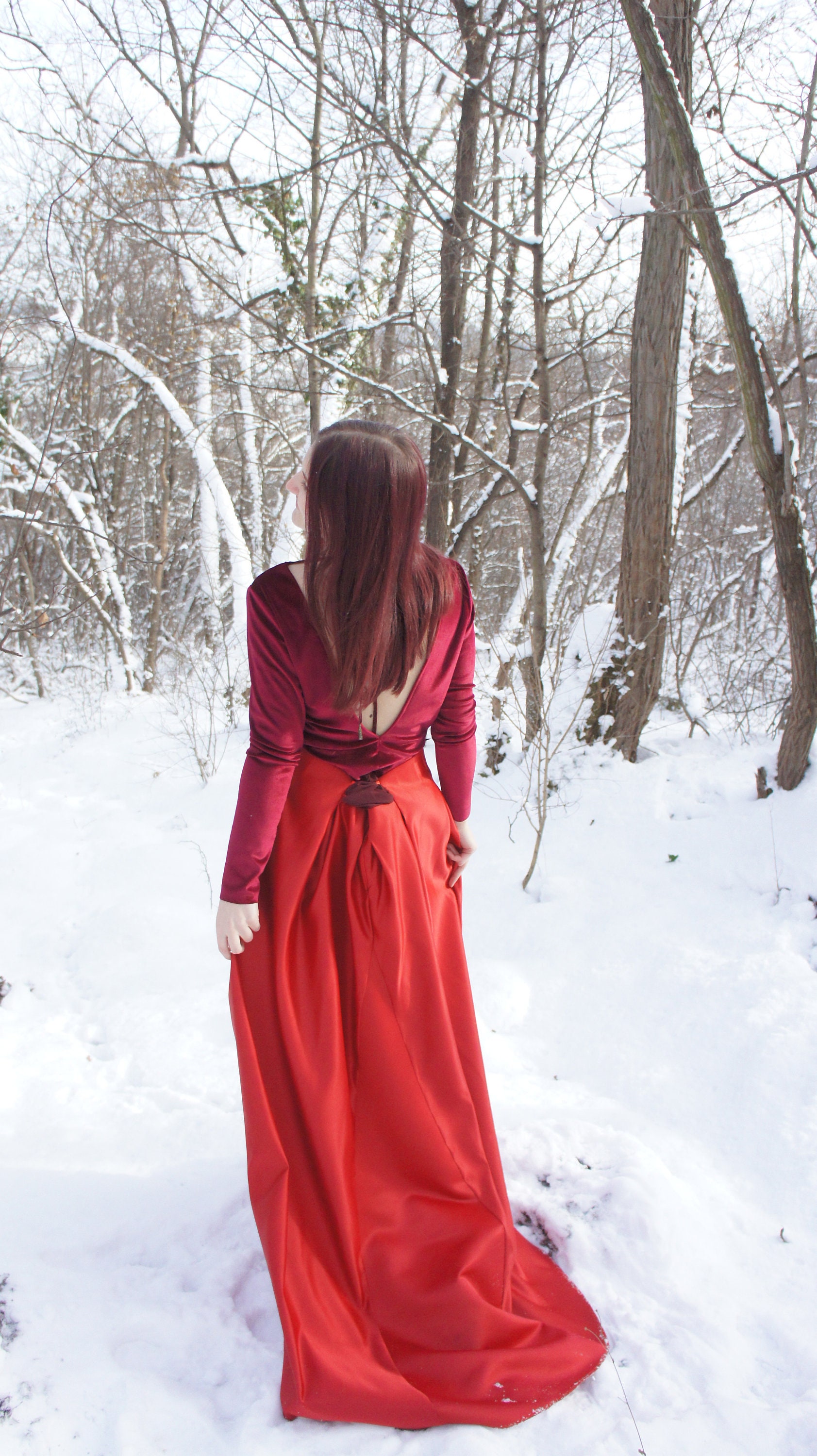 Two piece red wedding dress Velvet top Satin skirt Winter | Etsy