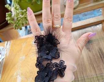 Bridal tulle Black lace mesh gloves Fingerless wedding gloves Bohemian Sheer Bridal accessories 3D flower Lace Feather