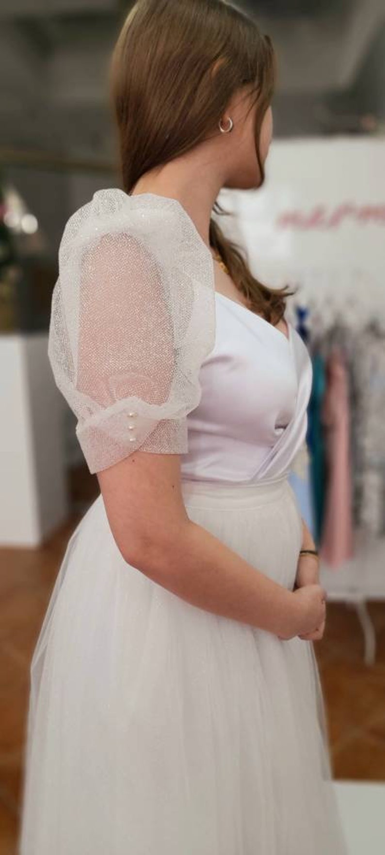 Bridal Stary Glitter Puffy Add on Wedding Dress Sleeves Ivory Short