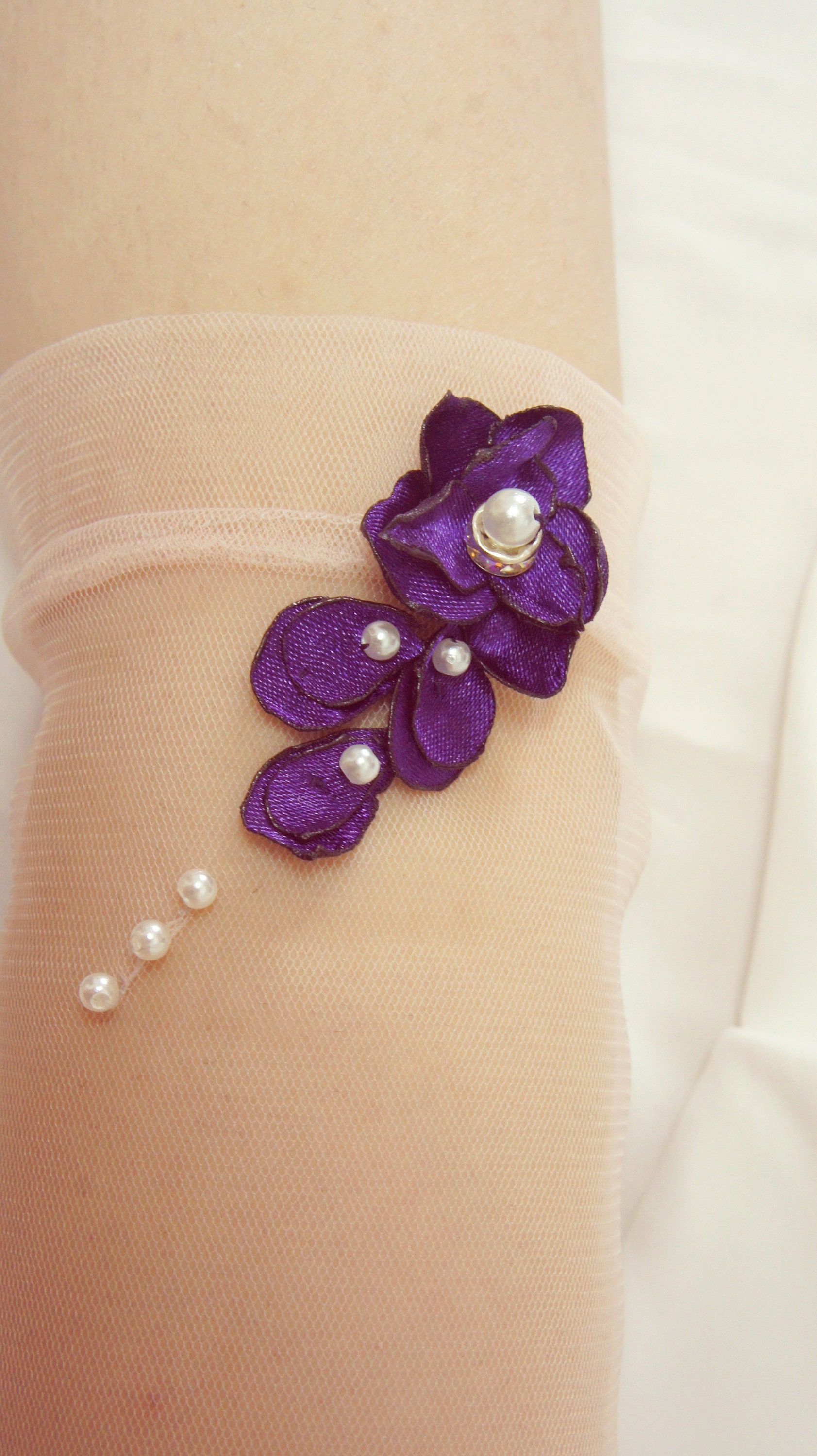 Bridal Tulle Gloves Nude Mesh Gloves 3D Fabric Violet Satin Flowers