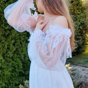Detachable ruffle puff sleeves, bridal tulle sleeves, removable wedding sleeves, sheer tulle arm cuffs