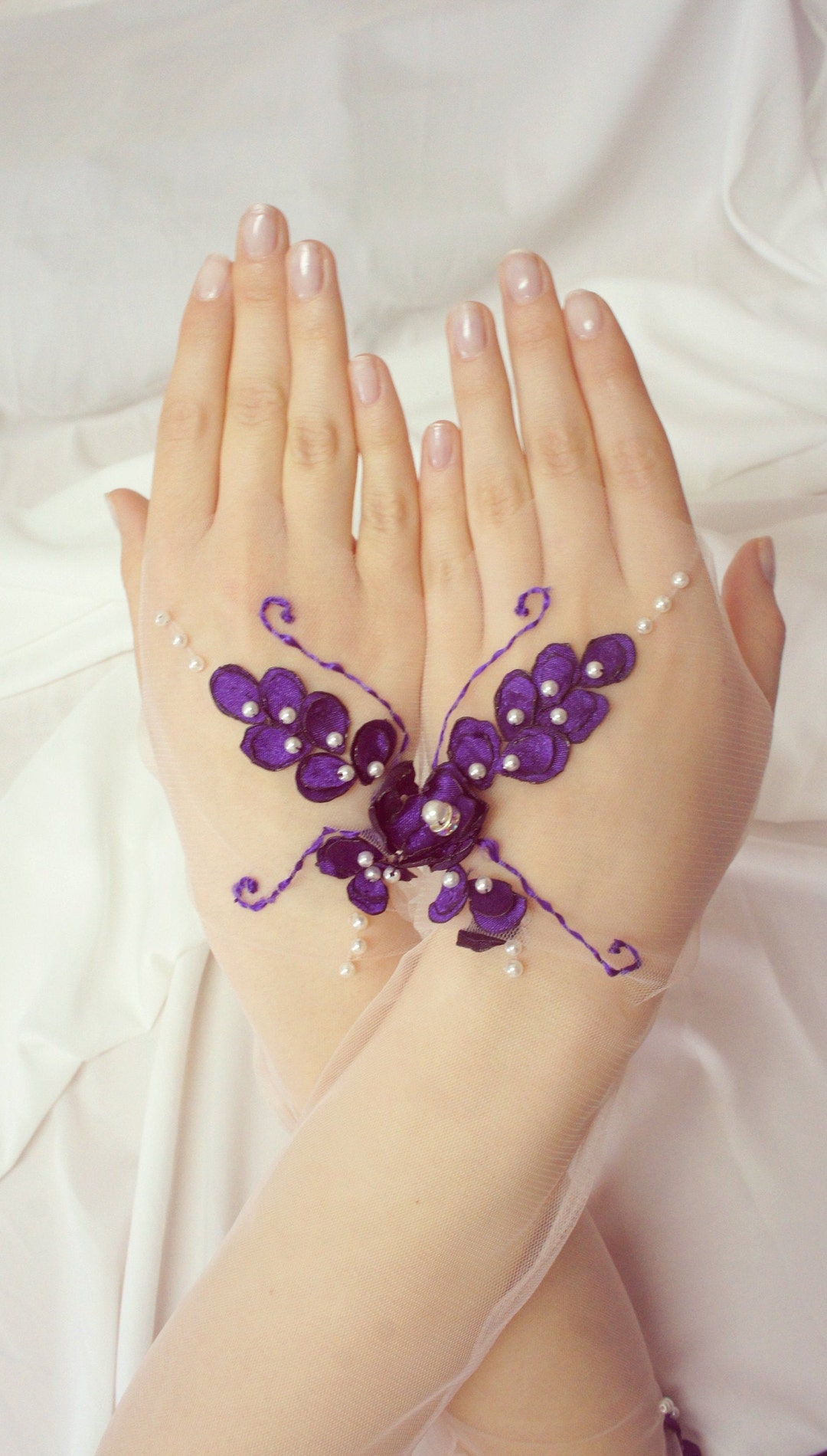 Bridal Tulle Gloves Nude Mesh Gloves 3D Fabric Violet Satin Flowers