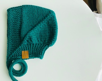 Deep Turquoise Knit Bonnet, Wool Baby Bonnet, Newborn to Toddler Sizes