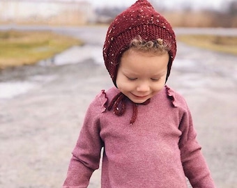 Burgundy Tweed Knit Bonnet, Wool Baby Bonnet, Newborn to Toddler Sizes