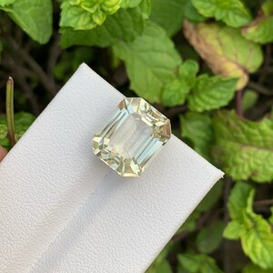 Pode incluir: Uma gema verde clara cortada em esmeralda em um fundo branco.