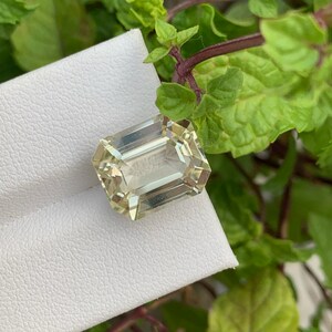 Pode incluir: Uma gema de corte esmeralda amarelo claro em um fundo branco.