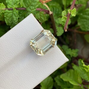 Pode incluir: Uma gema verde clara de corte esmeralda em um fundo branco.