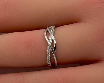 5mm Weave Infinity Twisted Midi Band Round Diamond CZ Eternity 925 Sterling Silver Wedding Band Engagement Bridal Stacking Crisscross