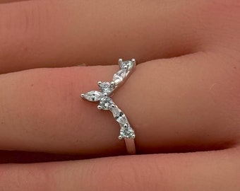 6mm Curved Marquise Round Diamond CZ Art Deco Band  Eternity Stackable 925 Sterling Silver Wedding Band Engagement Bridal Stacking