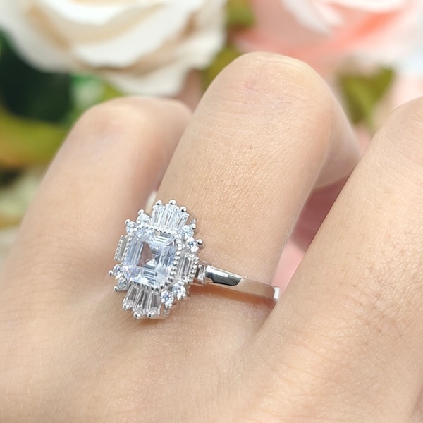 1 Carat Bezel Asscher Cut Art Deco Halo Engagement Ring Baguette Round Diamond Simulate 925 Sterling Silver Anniversary Wedding Ring Gift