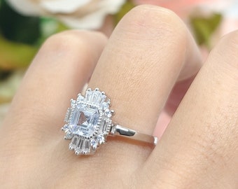 1 Carat Bezel Asscher Cut Art Deco Halo Engagement Ring Baguette Round Diamond Simulate 925 Sterling Silver Anniversary Wedding Ring Gift