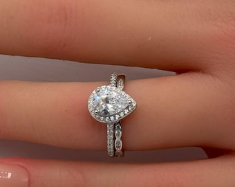 1.00 Carat Teardrop Bridal Set Two Piece Vintage Art Deco Wedding Engagement Anniversary Ring Band Round Diamond CZ 925 Sterling Silver