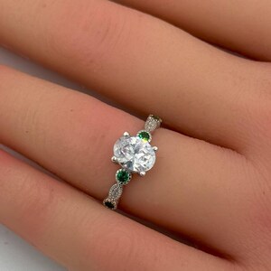 1.20 Carat Oval Marquise Art Deco Wedding Engagement Ring Alternating Emerald Green & CZ Accent Vintage 925 Sterling Silver Bridal Ring