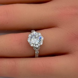 1.50 Carat Round Art Deco Vintage Halo Wedding Engagement Bridal Ring 925 Sterling Silver Round Diamond CZ Accent Anniversary Solitaire