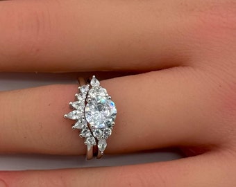Bridal Set 2 Piece Vintage Marquise Art Deco Wedding Engagement Anniversary Bridal Set Ring Band Round Two Piece Set CZ 925 Sterling Silver