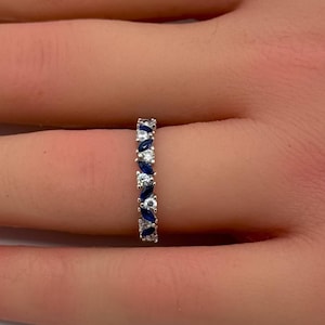 4mm Art Deco Marquise Blue Sapphire CZ Round Diamond CZ Eternity Stackable Band 925 Sterling Silver Wedding Band Engagement Bridal Stacking
