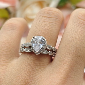 Teardrop Diamond CZ Two Piece Vintage Art Deco Marquise Wedding Engagement Anniversary Bridal Set Ring Band 925 Sterling Silver Gift