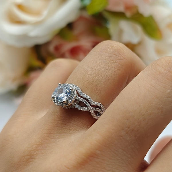 1.00 Ct Round Diamond CZ Infinity Shank Two Piece Vintage Art Deco Wedding Engagement Anniversary Bridal Set Ring Band 925 Sterling Silver