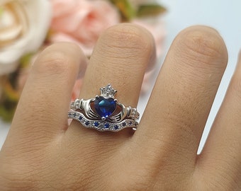 Claddagh Wedding Set Two Piece Round Altenrating Sapphire Band 1.00 Ct Heart Sapphire CZ Wedding Engagement Bridal Ring 925 Sterling Silver