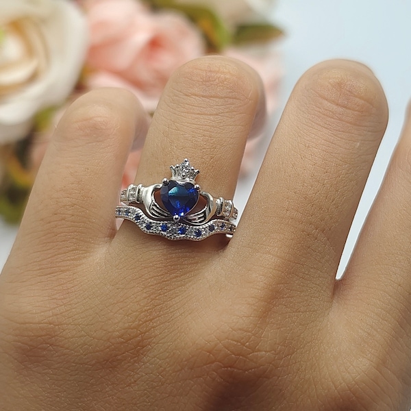 Claddagh Wedding Set Two Piece Round Altenrating Sapphire Band 1.00 Ct Heart Sapphire CZ Wedding Engagement Bridal Ring 925 Sterling Silver
