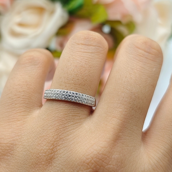 5mm Half Eternity Art Deco Wedding Band Pave Round Diamond CZ Eternity Stackable Band 925 Sterling Silver Band Engagement Bridal Stack