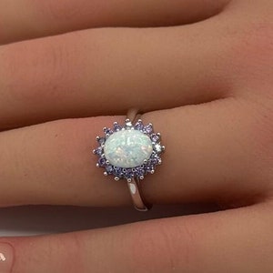 Lab White Opal Halo Wedding Engagement Ring Oval Art Deco Amethyst CZ 925 Sterling Silver Bridal Ring Choose Your Color