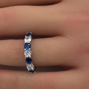 4mm 7-Stone Art Deco Band Round Blue Sapphire CZ Diamond CZ Eternity Stackable 925 Sterling Silver Wedding Band Engagement Bridal Stacking
