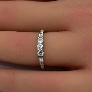 New Design Three Stone Round and Bagutte Art Deco Engagement Bridal Ring Diamond Simulated 925 Sterling Silver Choose Center Stone Color