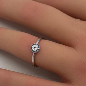 6mm Petite Dainty Evil Eye Thumb Ring Band Blue Sapphire CZ 925 Sterling Silver Diamond CZ Pave Evil Eye