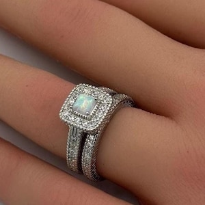 Halo Two Piece Vintage Art Deco 0.40Ct Princess Cut Wedding Engagement Anniversary Bridal Set Ring Band Round Diamond CZ 925 Sterling Silver