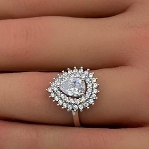 0.75 Carat Teardrop Pear Art Deco Engagement Wedding Bridal Ring Round Diamond Simulated Halo 925 Sterling Silver Choose Your Color