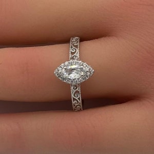 1.00 Carat Halo Filigree Marquise Art Deco Engagement Wedding Bridal Ring Round Diamond Solitaire 925 Sterling Silver Choose Your Color