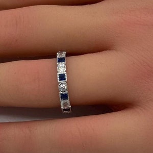 3mm Full Eternity Stackable Art Deco Band Square Round Blue Sapphire CZ Diamond CZ 925 Sterling Silver Wedding Band Engagement Bridal