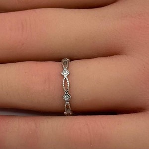 3mm Art Deco Band Round Diamond CZ Eternity Stackable Band 925 Sterling Silver Wedding Band Engagement Bridal Stacking Eternity