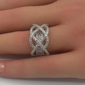 13.5mm Swirl Weave Infinity Twisted Crisscross Band Round Diamond CZ 925 Sterling Silver Criss cross