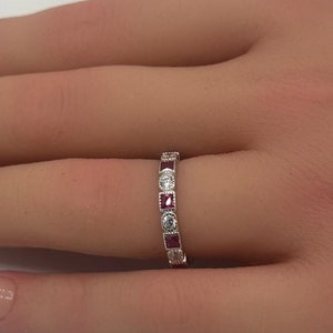 3mm Full Eternity Stackable Art Deco Band Square Round Ruby CZ Diamond CZ 925 Sterling Silver Wedding Band Engagement Bridal
